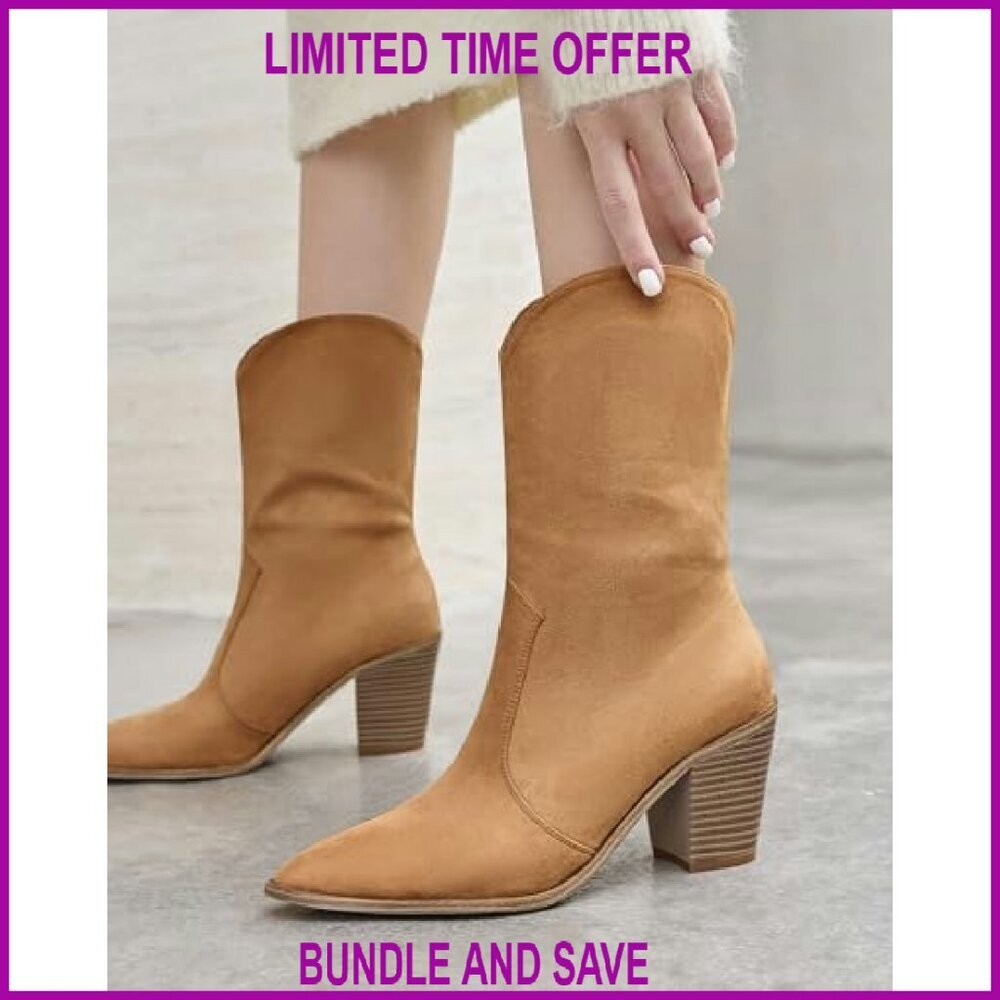 Women's Mid Calf Western Boots Chunky Block Heel Pointed Toe Faux Suede - Picture 4 of 8